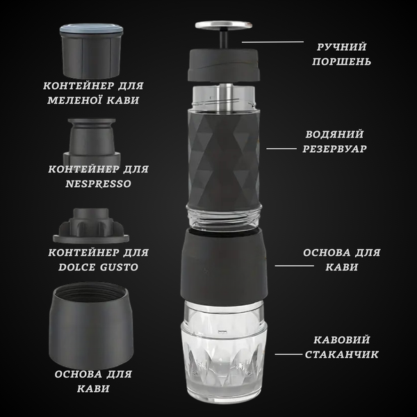 Ручна еспресо-машина CAFELFFE &ndash; портативна кавоварка 3-в-1 (чорна) 7845 фото