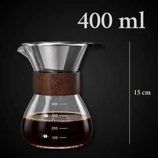 Стеклянный кемекс для кофе 400 мл с металлическим фильтром и деревянным манжетом  4101 фото